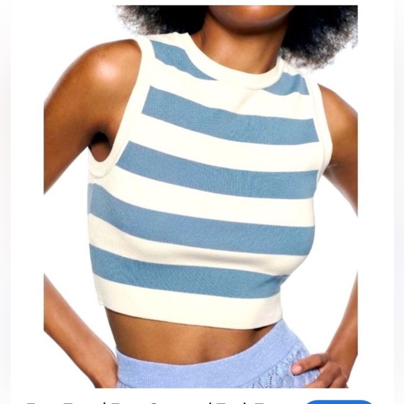 Zara blue cream striped cropped crew neck sweater size M - Picture 1 of 6
